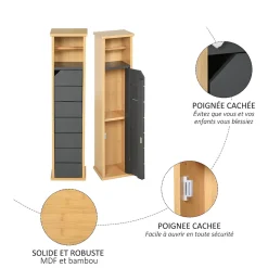 Armoire De Salle De Bains|Homcom Support papier toilette - porte-papier toilette - armoire pour papier toilette - 2 niveaux + sortie papier MDF gris bambou