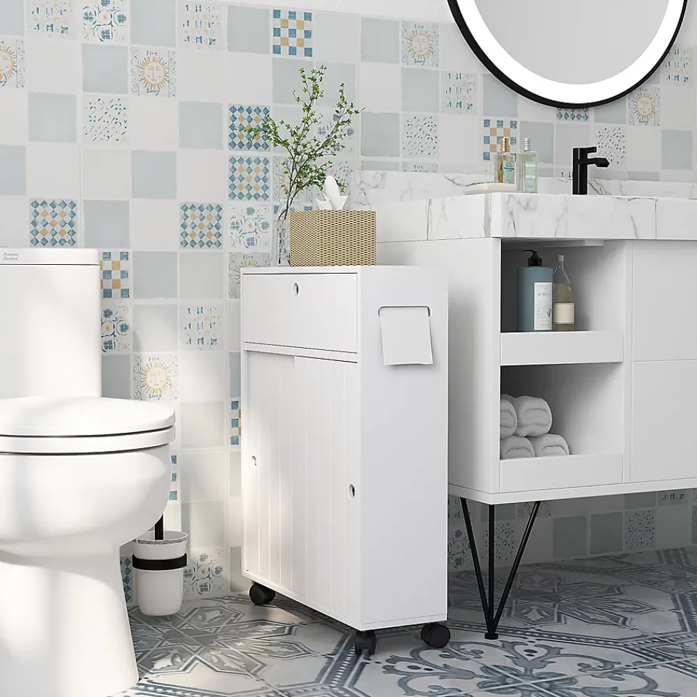 kleankin Support papier toilette sur roulettes - armoire papier toilette - 2 portes coulissantes, étagère, 2 compartiments fermés - blanc