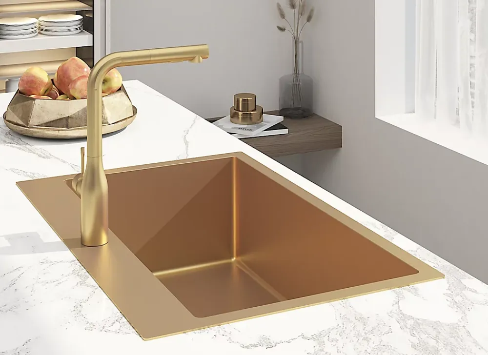 Swiss Aqua Technologies Aurum Évier de cuisine encastrable inox 304, 1 bac , 68x45x21 cm, Or brossé PVD