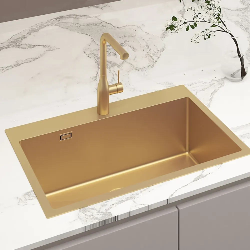 Swiss Aqua Technologies Aurum Évier de cuisine encastrable inox 304, 1 bac , 68x45x21 cm, Or brossé PVD