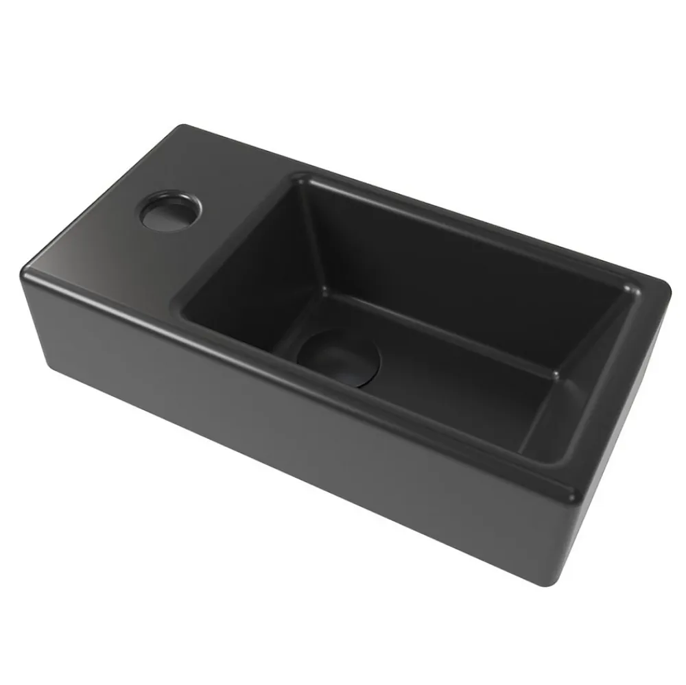 Lavabo|Swiss Aqua Technologies Brevis Lave-mains suspendu Noir mat avec trou pour robinetterie à gauche, 40,5x20,5x10,5cm + Bonde
