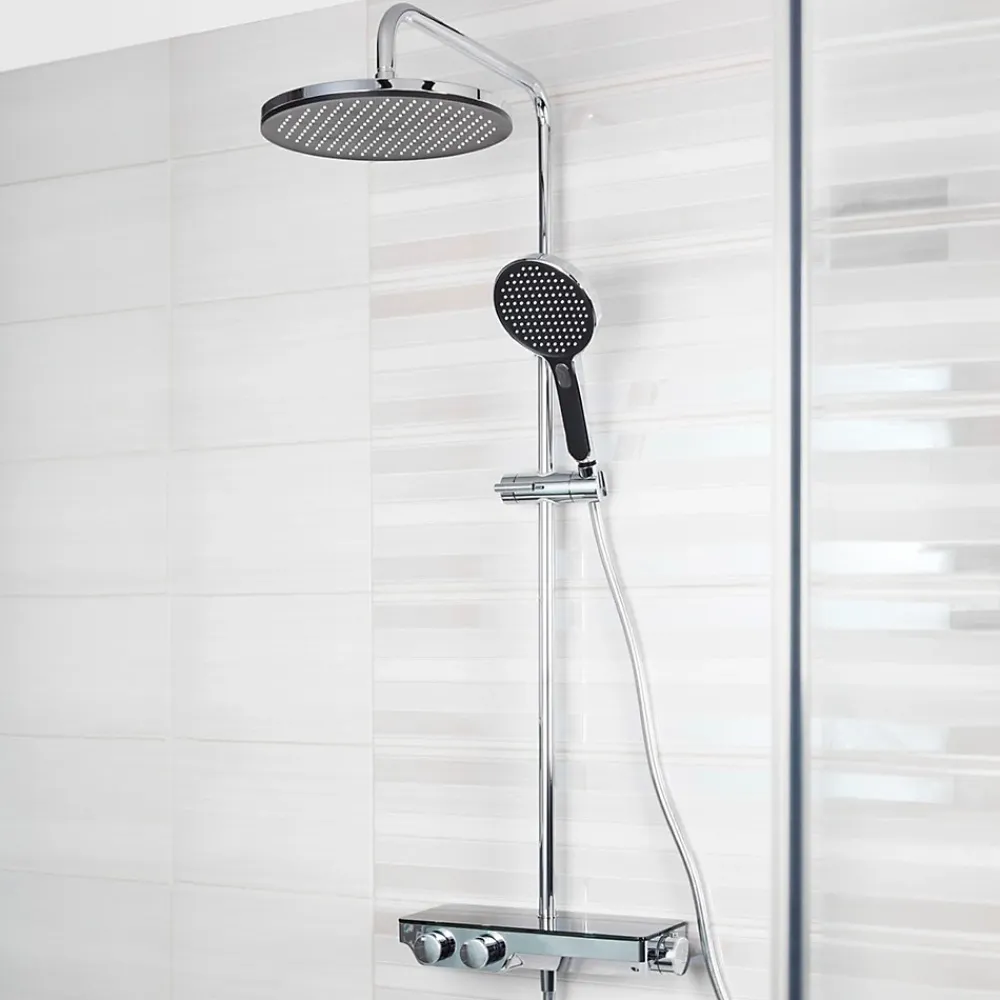 Colonne De Douche Thermostatique|Swiss Aqua Technologies Colonne de douche avec douchette 3 jets, Mitigeur thermostatique, Barre réglable en hauteur, Noir/Chrome