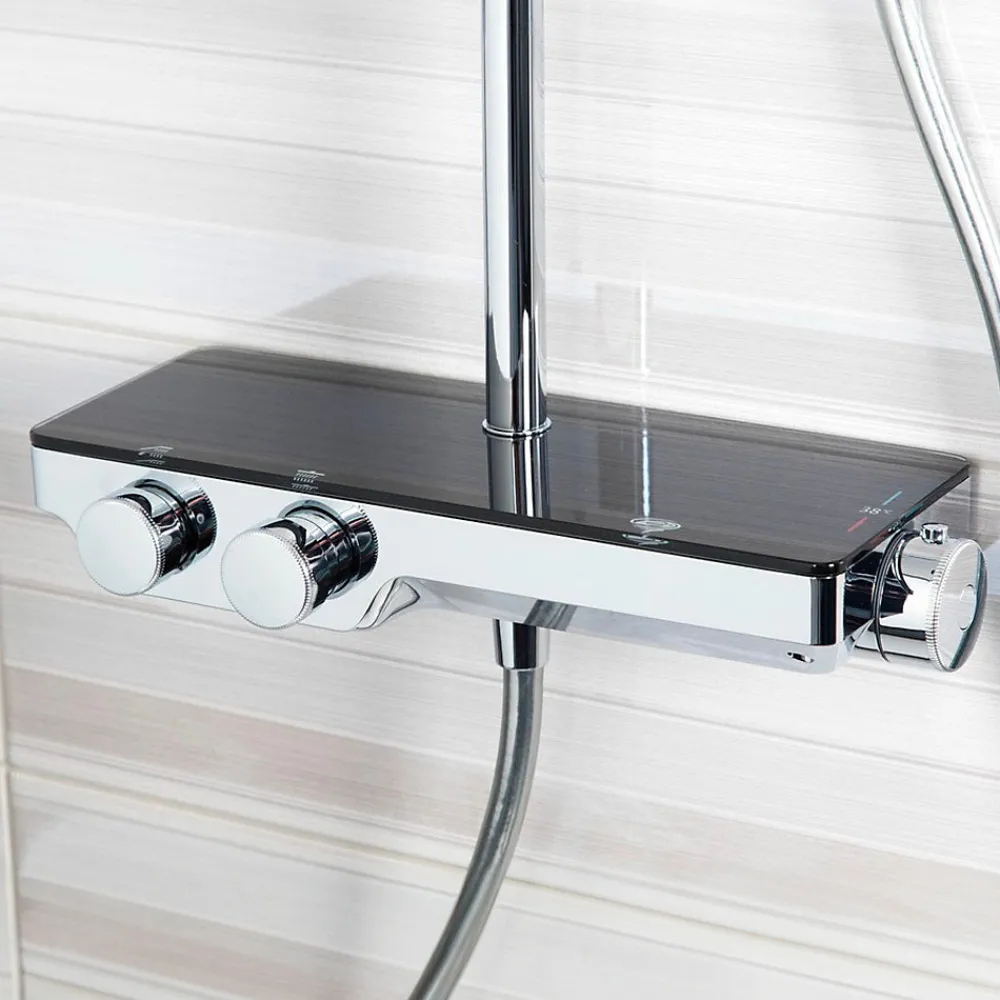 Colonne De Douche Thermostatique|Swiss Aqua Technologies Colonne de douche avec douchette 3 jets, Mitigeur thermostatique, Barre réglable en hauteur, Noir/Chrome