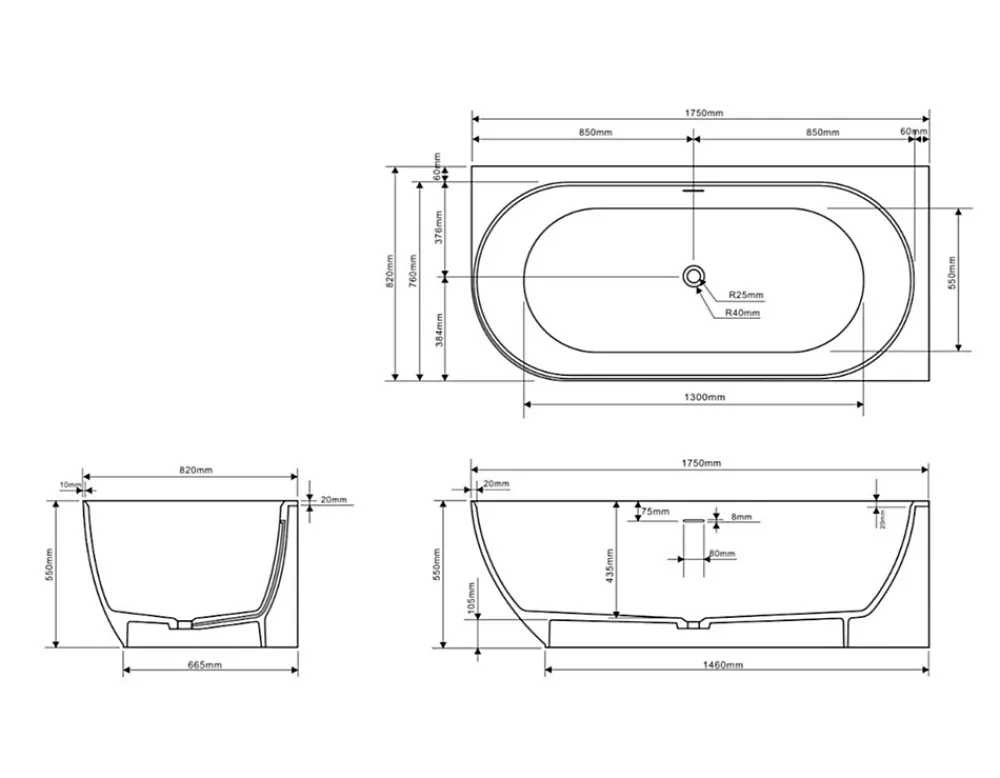 Swiss Aqua Technologies Nelly 175x82 cm Baignoire droite Autoportante orientation droite en marbre coulé, Blanc (NEL1700P)