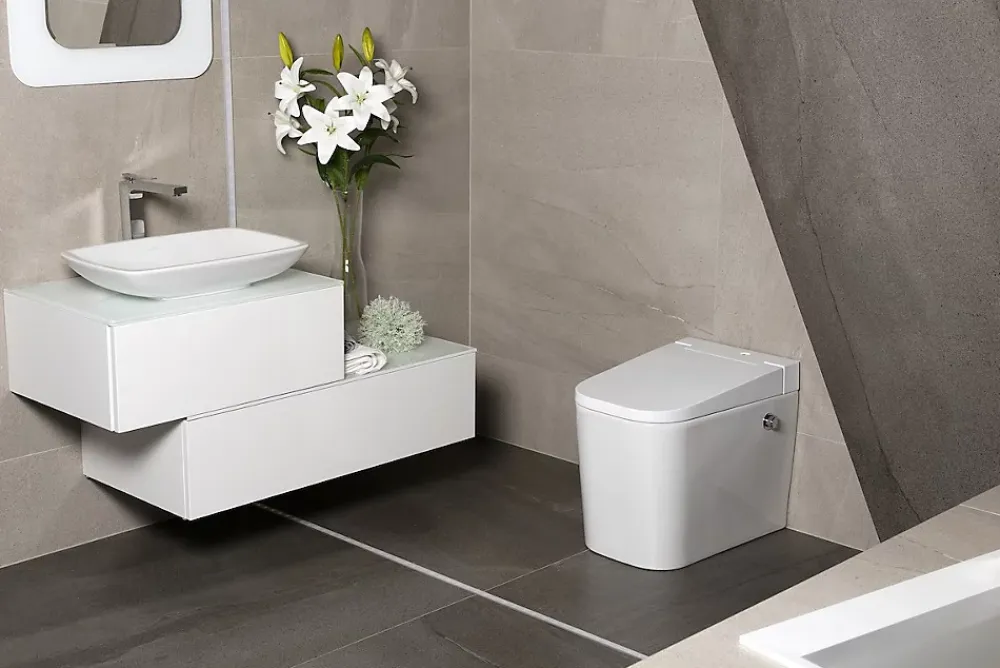 Wc À Poser|Swiss Aqua Technologies Ultimax WC hybride avec réservoir intégré et abattant frein de chute (SATOFSHFS3)