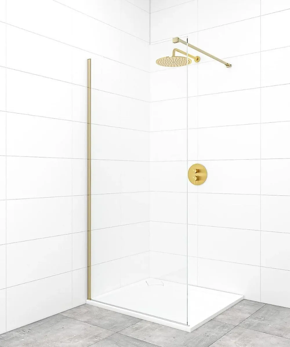 Swiss Aqua Technologies Walk-in 90x200cm Paroi en verre Crystal Glass 8 mm anticalcaire, avec bras et profilés Laiton