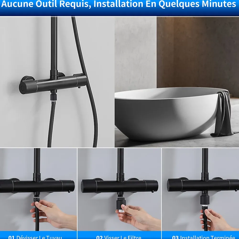 Homelody Système de Douche avec Filtre et Thermostat Noir avec Douchette à Main à 3 Types de Jets et Douche de Tête de 25 cm