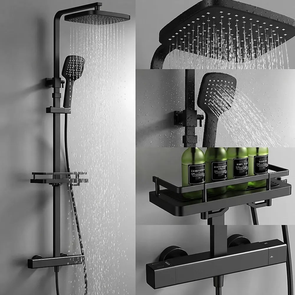 Homelody Système de Douche avec Thermostat et Tablette de Douche Noir - Ensemble Complet de Robinetterie de Douche