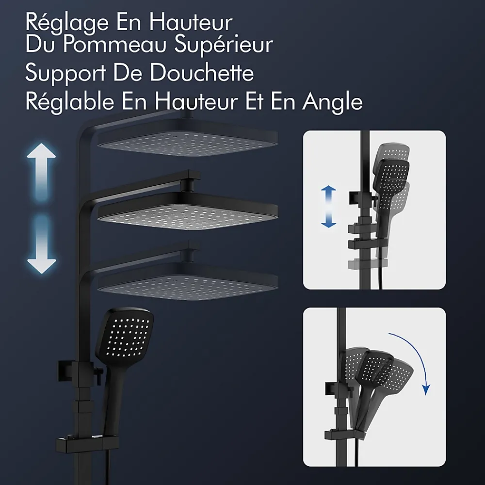 Homelody Système de Douche avec Thermostat et Tablette de Douche Noir - Ensemble Complet de Robinetterie de Douche