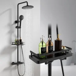 Colonne De Douche Thermostatique|Homelody Système de Douche avec Thermostat et Tablette de Douche Ensemble de Douche Complet Noir avec Pomme de Douche Ronde Effet Pluie