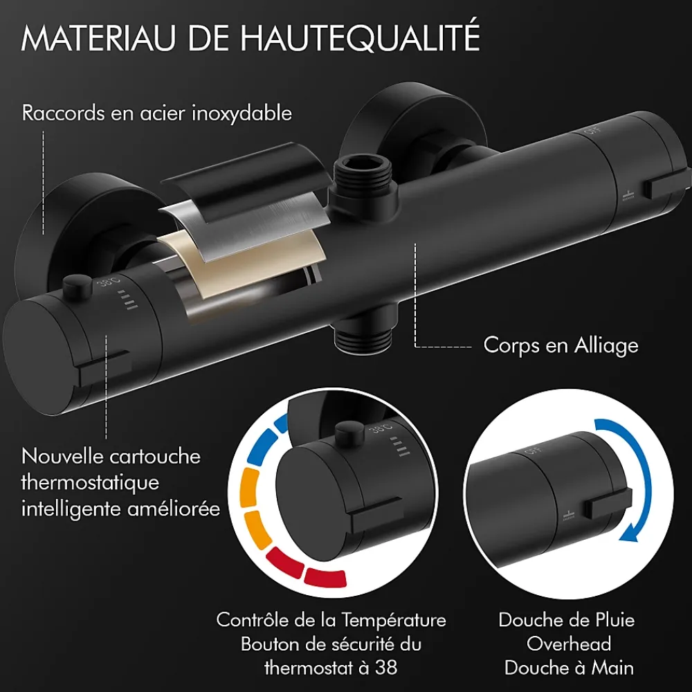 Colonne De Douche Thermostatique|Homelody Système de Douche avec Thermostat et Tablette de Douche Ensemble de Douche Complet Noir avec Pomme de Douche Ronde Effet Pluie