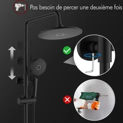 Colonne De Douche Thermostatique|Homelody Système de Douche avec Thermostat et Tablette de Douche Ensemble de Douche Complet Noir avec Pomme de Douche Ronde Effet Pluie