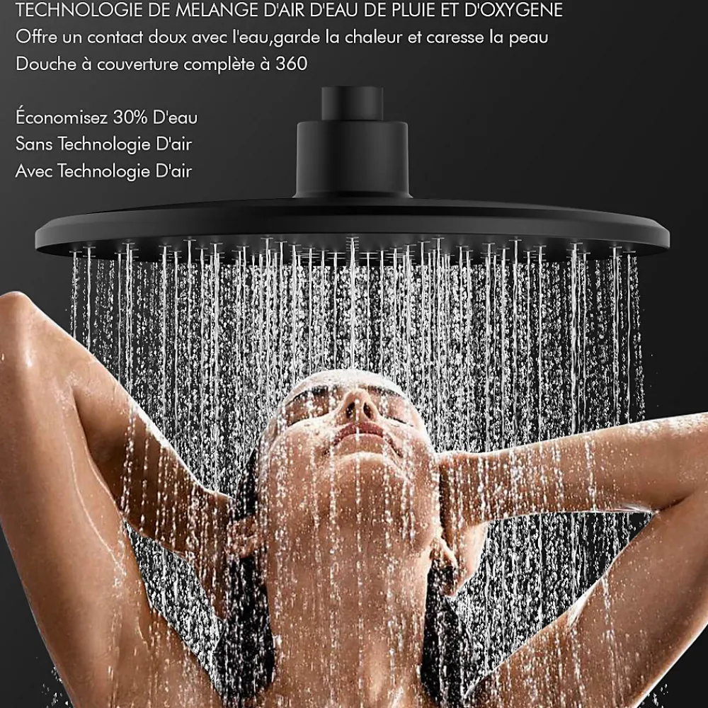 Colonne De Douche Thermostatique|Homelody Système de Douche avec Thermostat et Tablette de Douche Ensemble de Douche Complet Noir avec Pomme de Douche Ronde Effet Pluie
