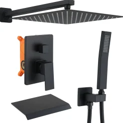 Homelody Système de Douche Encastrable Noir avec Grande Tête de Douche Carrée 12" et sortie de cascade ci-dessous