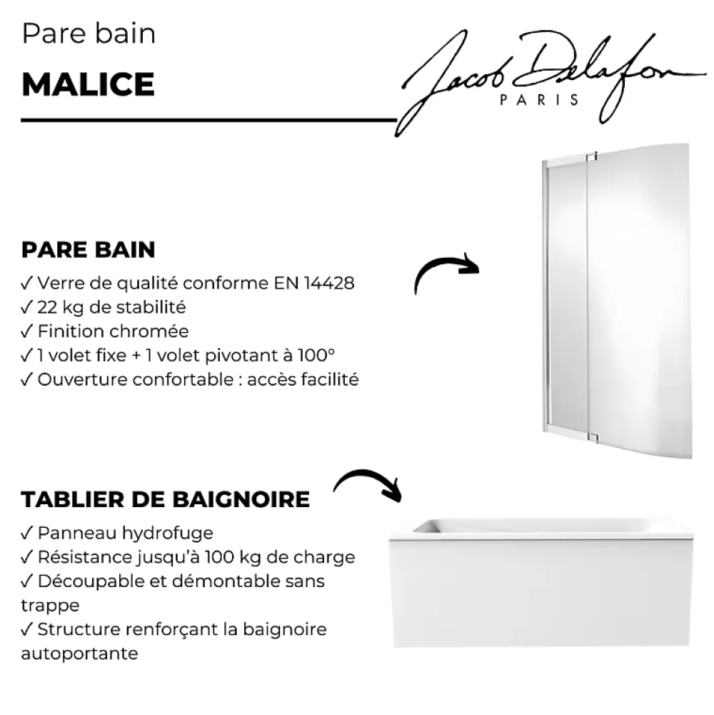 Tablier Et Habillage De Baignoire|Jacob Delafon Tablier bain pour baignoires rectangulaires installation angle 180 x 90 x 60cm Blanc Mat + Pare bain Malice