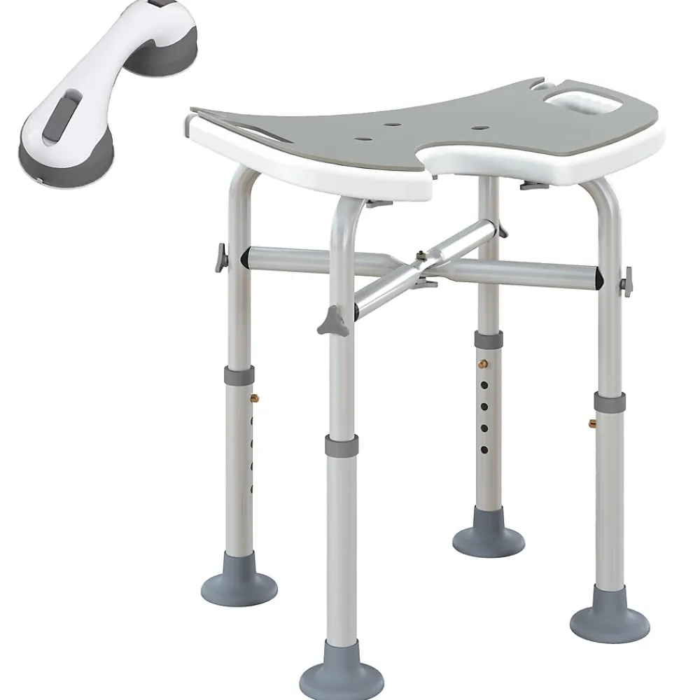 Homcom Tabouret de douche - siège de douche avec barre d'appui ventouse - hauteur réglable - alu HDPE gris blanc