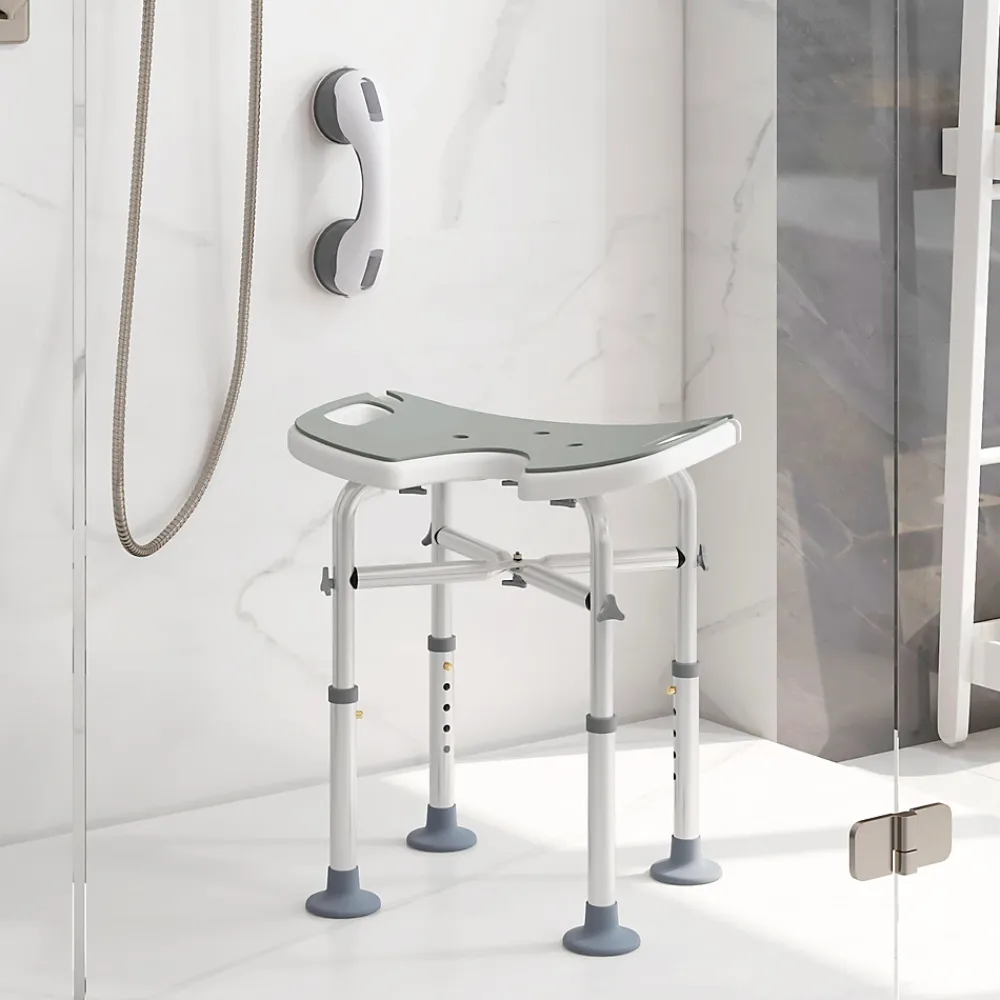 Homcom Tabouret de douche - siège de douche avec barre d'appui ventouse - hauteur réglable - alu HDPE gris blanc