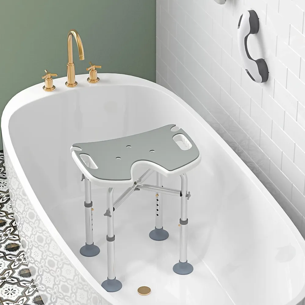 Homcom Tabouret de douche - siège de douche avec barre d'appui ventouse - hauteur réglable - alu HDPE gris blanc