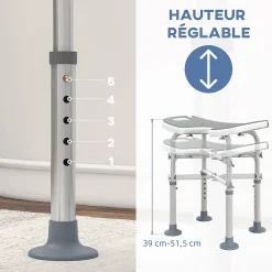 Homcom Tabouret de douche - siège de douche avec barre d'appui ventouse - hauteur réglable - alu HDPE gris blanc