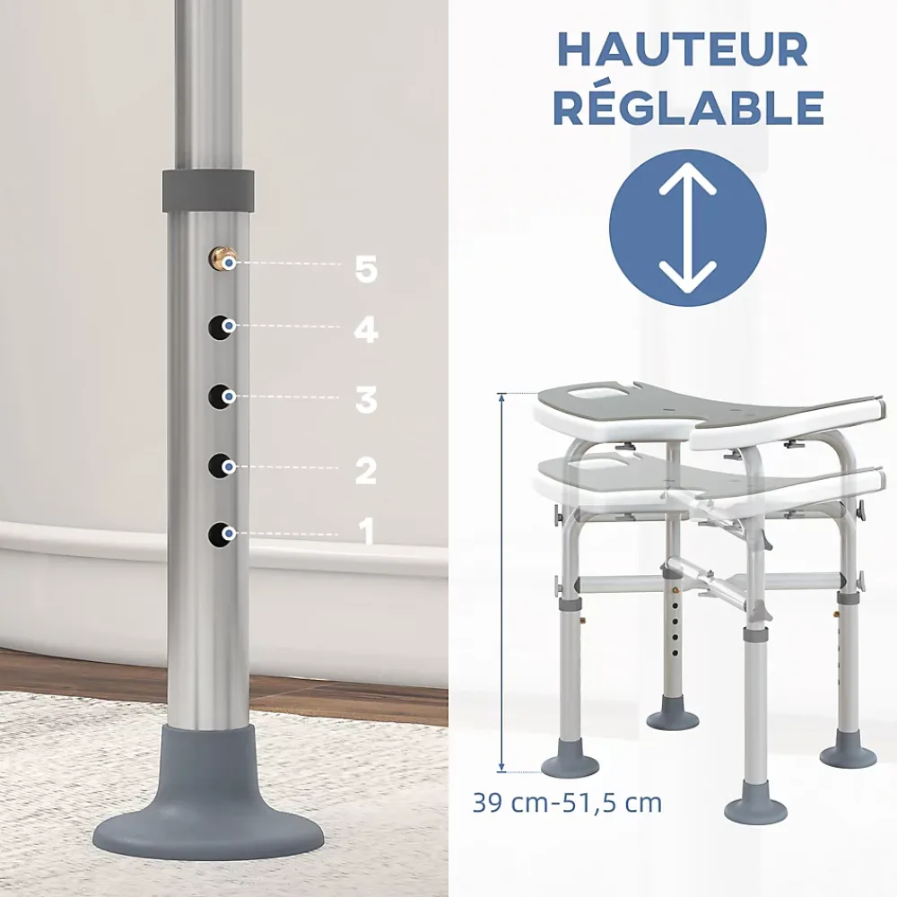 Homcom Tabouret de douche - siège de douche avec barre d'appui ventouse - hauteur réglable - alu HDPE gris blanc