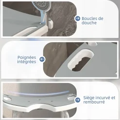 Homcom Tabouret de douche - siège de douche avec barre d'appui ventouse - hauteur réglable - alu HDPE gris blanc