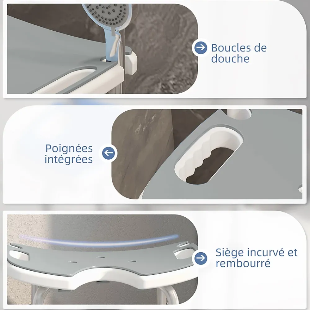 Homcom Tabouret de douche - siège de douche avec barre d'appui ventouse - hauteur réglable - alu HDPE gris blanc