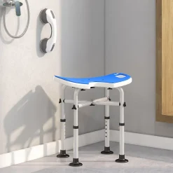 Homcom Tabouret de douche - siège de douche avec barre d'appui ventouse - hauteur réglable - alu HDPE bleu blanc