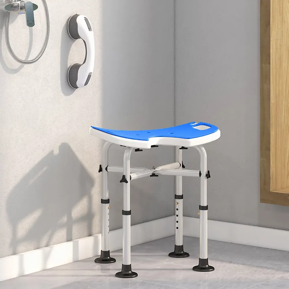 Homcom Tabouret de douche - siège de douche avec barre d'appui ventouse - hauteur réglable - alu HDPE bleu blanc
