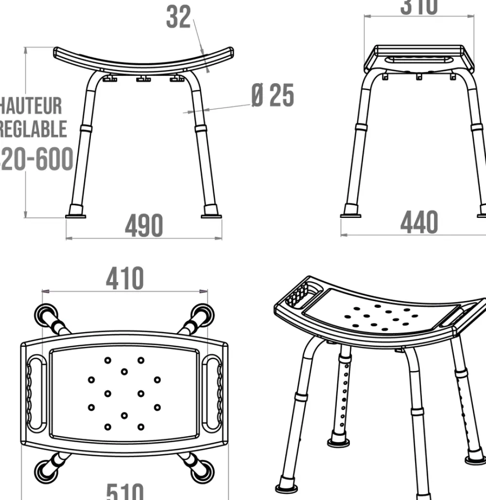 Godonnier Tabouret de douche avec poignées, hauteur réglable, blanc,