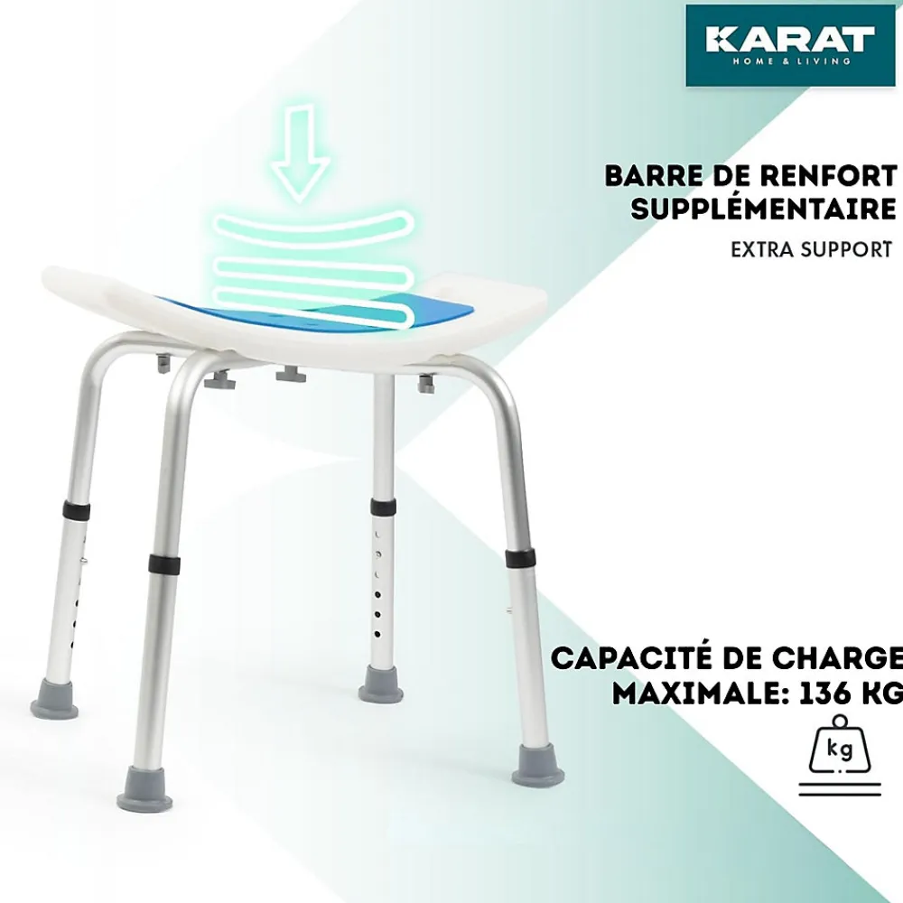 Floordirekt Tabouret de douche et de bain Noah Réglable en hauteur Facile à nettoyer Pieds en caoutchouc antidérapant jusqu'à 136 kg