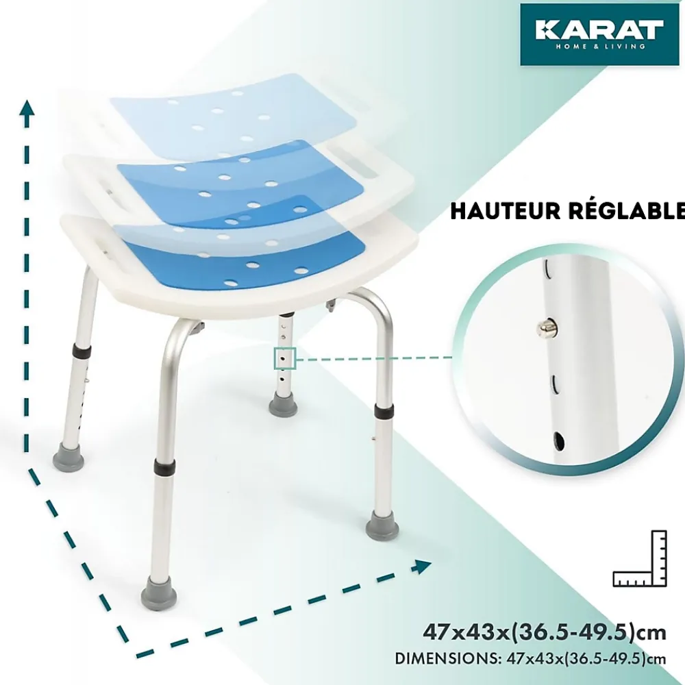 Floordirekt Tabouret de douche et de bain Noah Réglable en hauteur Facile à nettoyer Pieds en caoutchouc antidérapant jusqu'à 136 kg