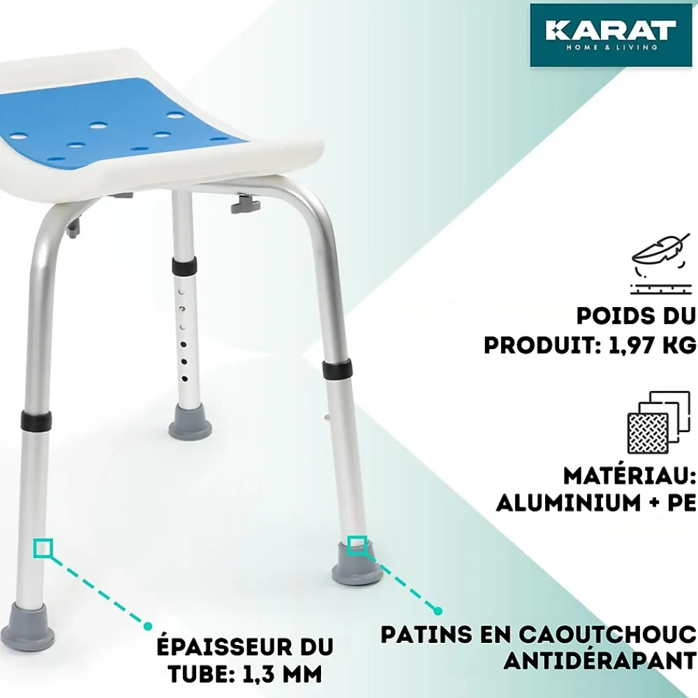 Floordirekt Tabouret de douche et de bain Noah Réglable en hauteur Facile à nettoyer Pieds en caoutchouc antidérapant jusqu'à 136 kg