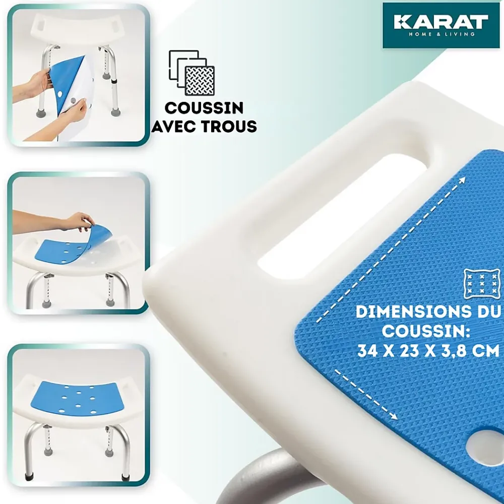 Floordirekt Tabouret de douche et de bain Noah Réglable en hauteur Facile à nettoyer Pieds en caoutchouc antidérapant jusqu'à 136 kg
