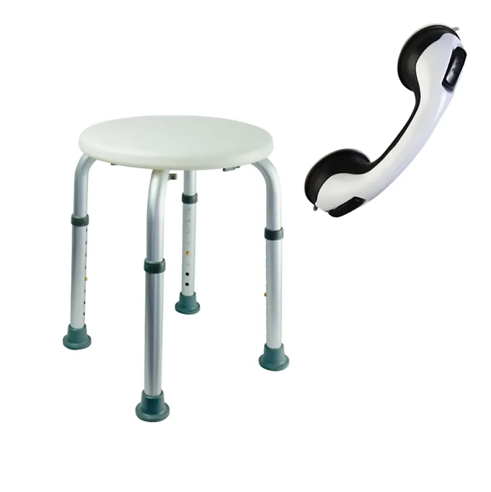 Siège De Douche|Pellet Tabouret de douche PMR Essentiel rond hauteur réglable + Barre à ventouse de maintien PMR 30 cm