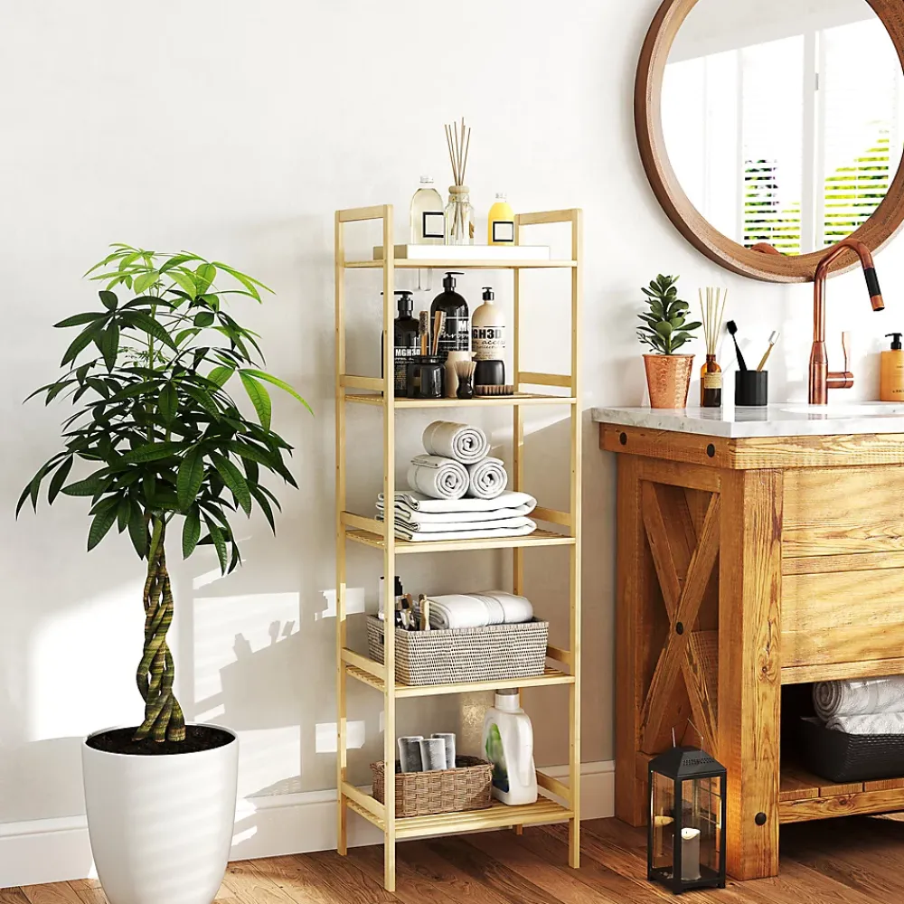Etagère Salle De Bains|ProximaX Étagère autoportante salle de bain 5 niveaux en bambou, étagères réglables, meuble rangement salon ou cuisine 43,5x31,5x142 cm