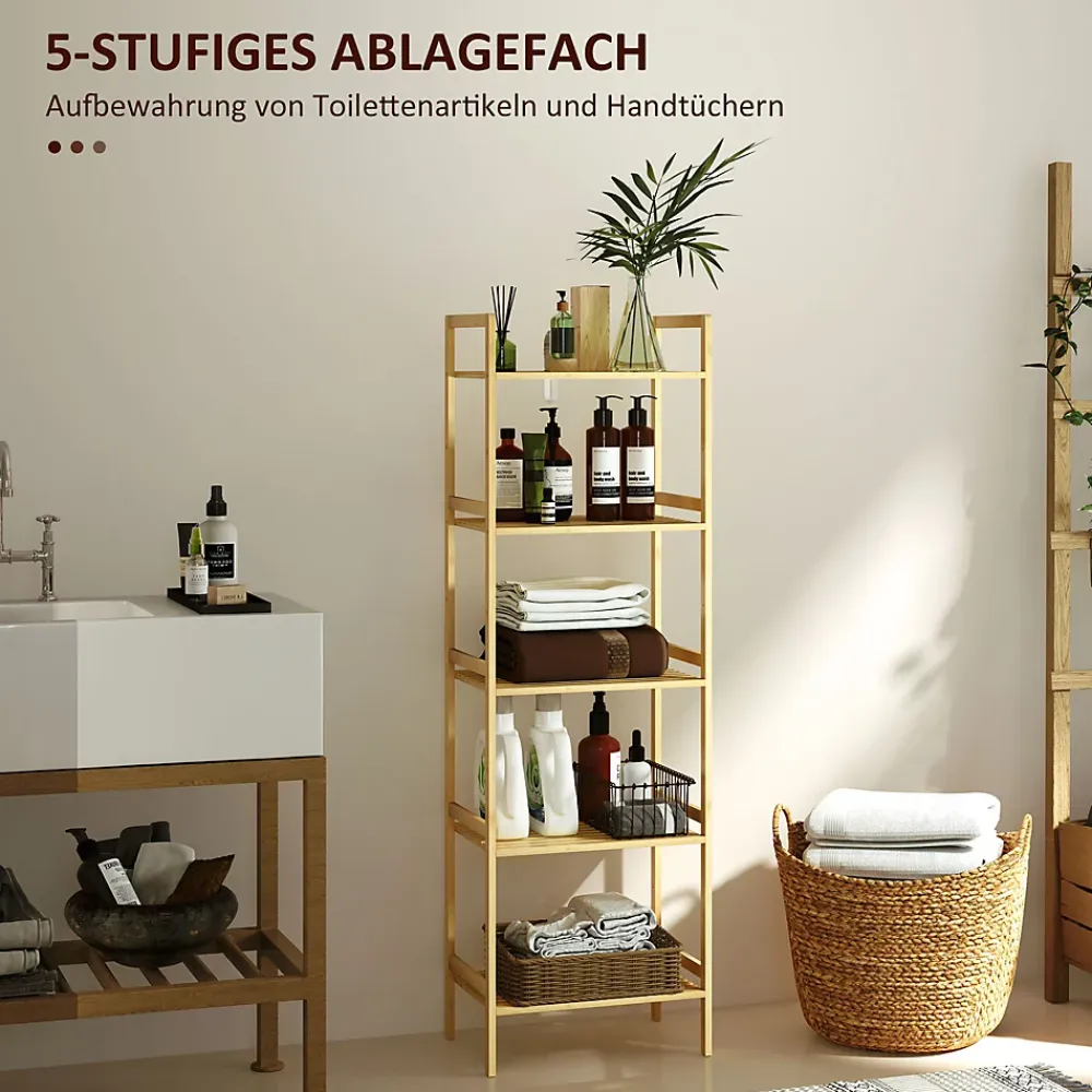 Etagère Salle De Bains|ProximaX Étagère autoportante salle de bain 5 niveaux en bambou, étagères réglables, meuble rangement salon ou cuisine 43,5x31,5x142 cm