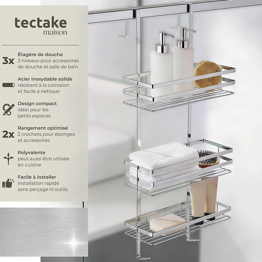Etagère Salle De Bains|Tectake Étagère de douche en Acier inoxydable avec 3 étagères argent