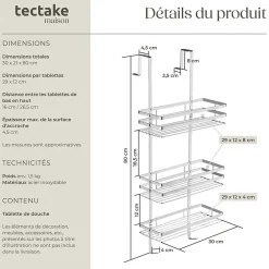 Etagère Salle De Bains|Tectake Étagère de douche en Acier inoxydable avec 3 étagères argent