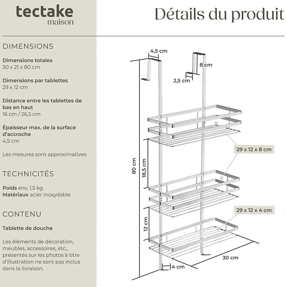 Etagère Salle De Bains|Tectake Étagère de douche en Acier inoxydable avec 3 étagères argent