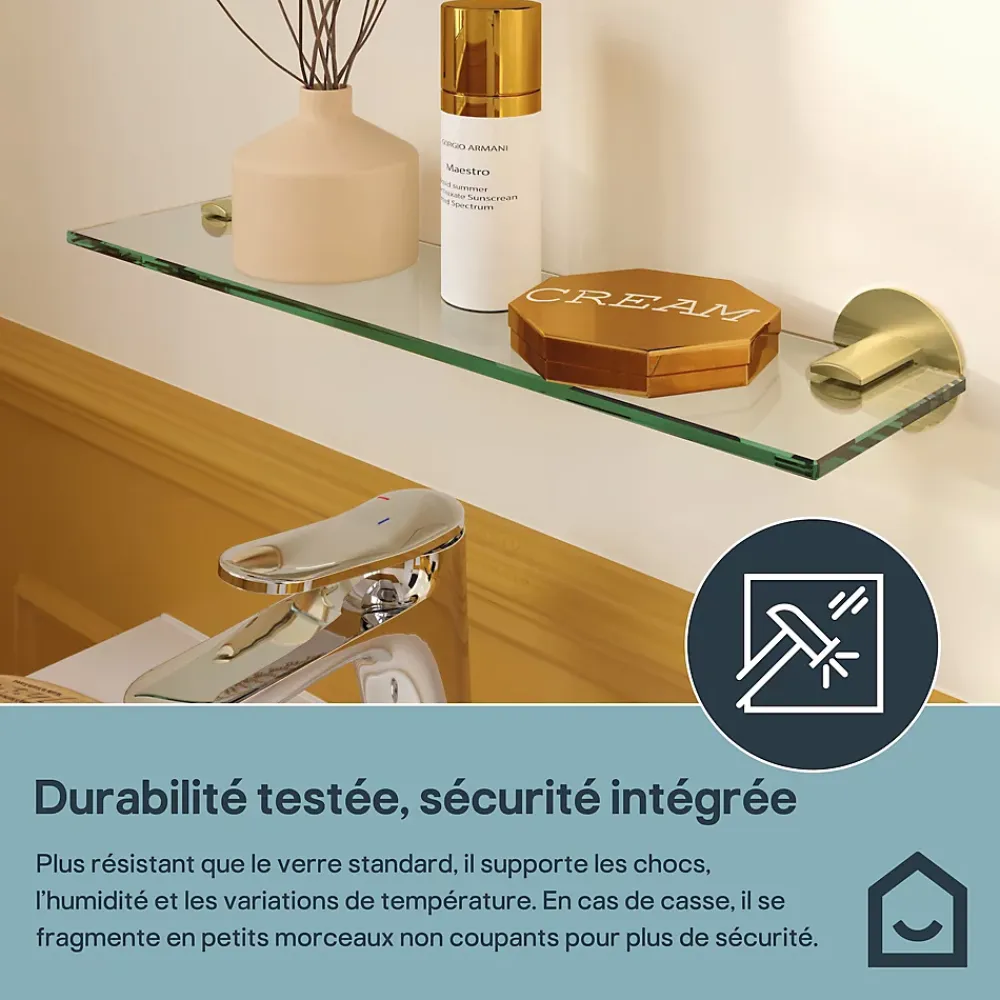 Etagère Salle De Bains|GoodHome Étagère de salle de bain en verre et acier inoxydable or H.40 cm Cavally