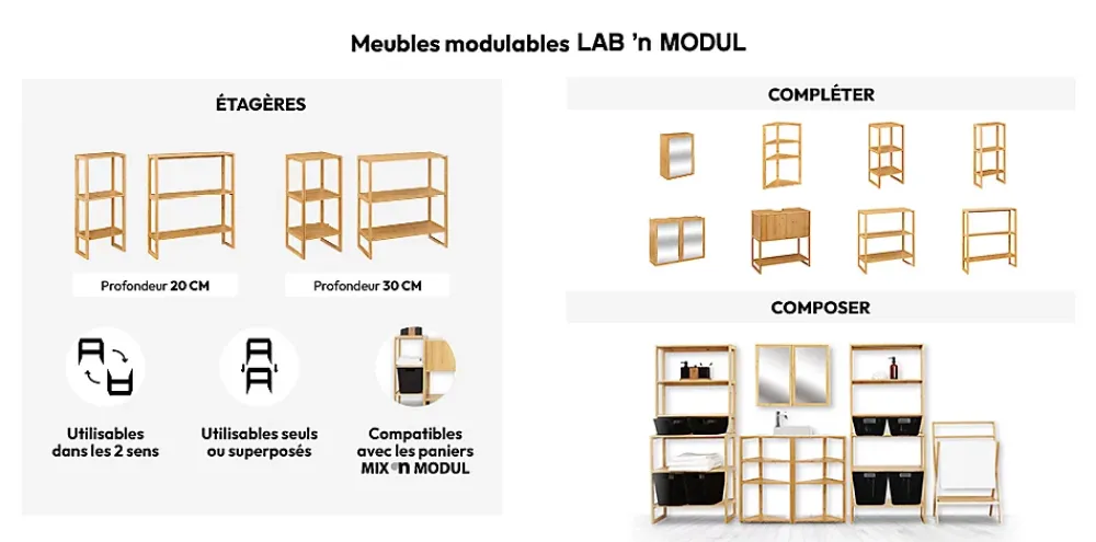 5Five Étagère haute 2 niveaux 30cm Bambou Lab'n modul -