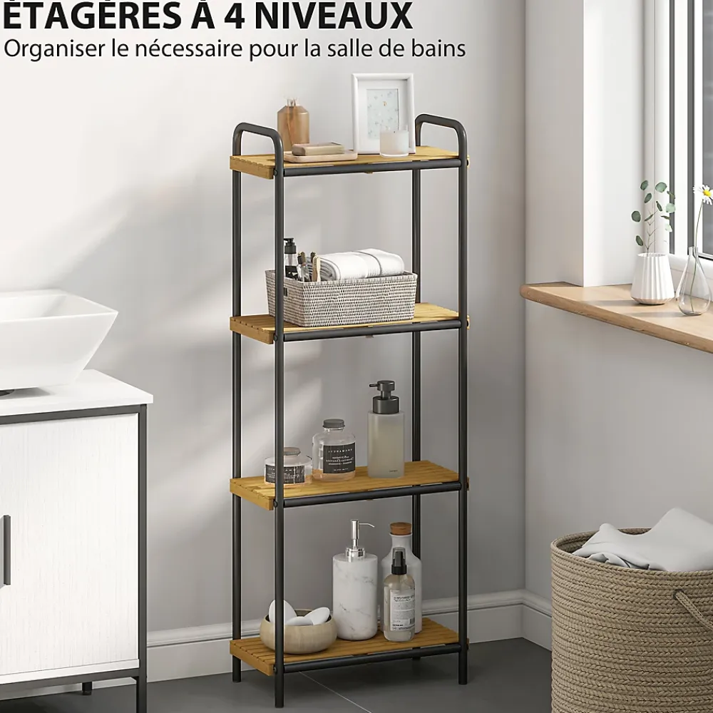 Homcom Étagère salle de bain bambou verni 4 niveaux autoportante cadre acier noir