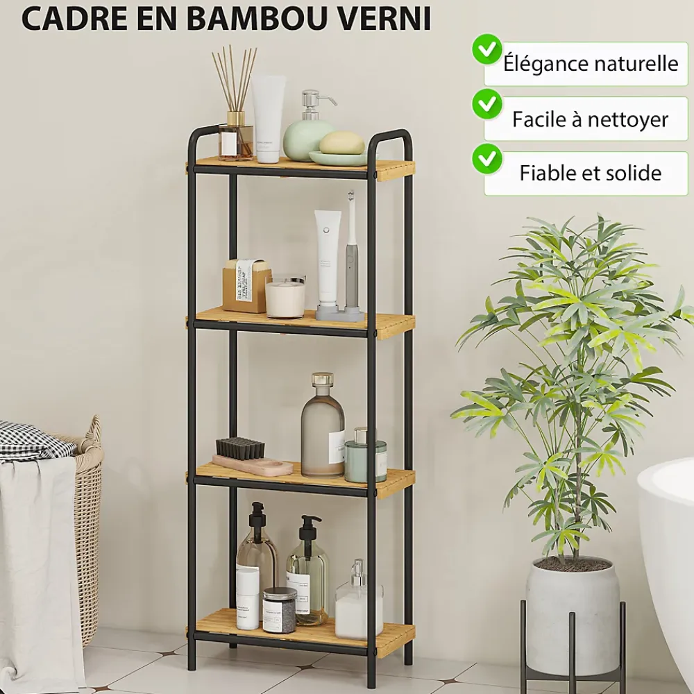 Homcom Étagère salle de bain bambou verni 4 niveaux autoportante cadre acier noir