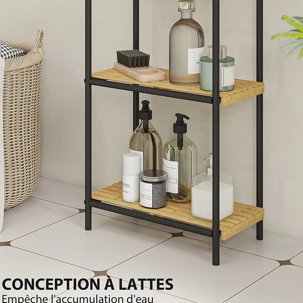 Homcom Étagère salle de bain bambou verni 4 niveaux autoportante cadre acier noir