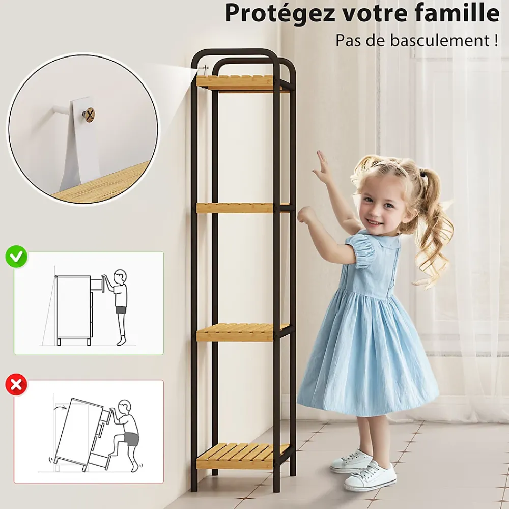 Homcom Étagère salle de bain bambou verni 4 niveaux autoportante cadre acier noir