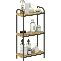 Homcom Étagère salle de bain bambou verni 3 niveaux autoportante cadre acier noir