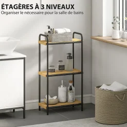 Homcom Étagère salle de bain bambou verni 3 niveaux autoportante cadre acier noir
