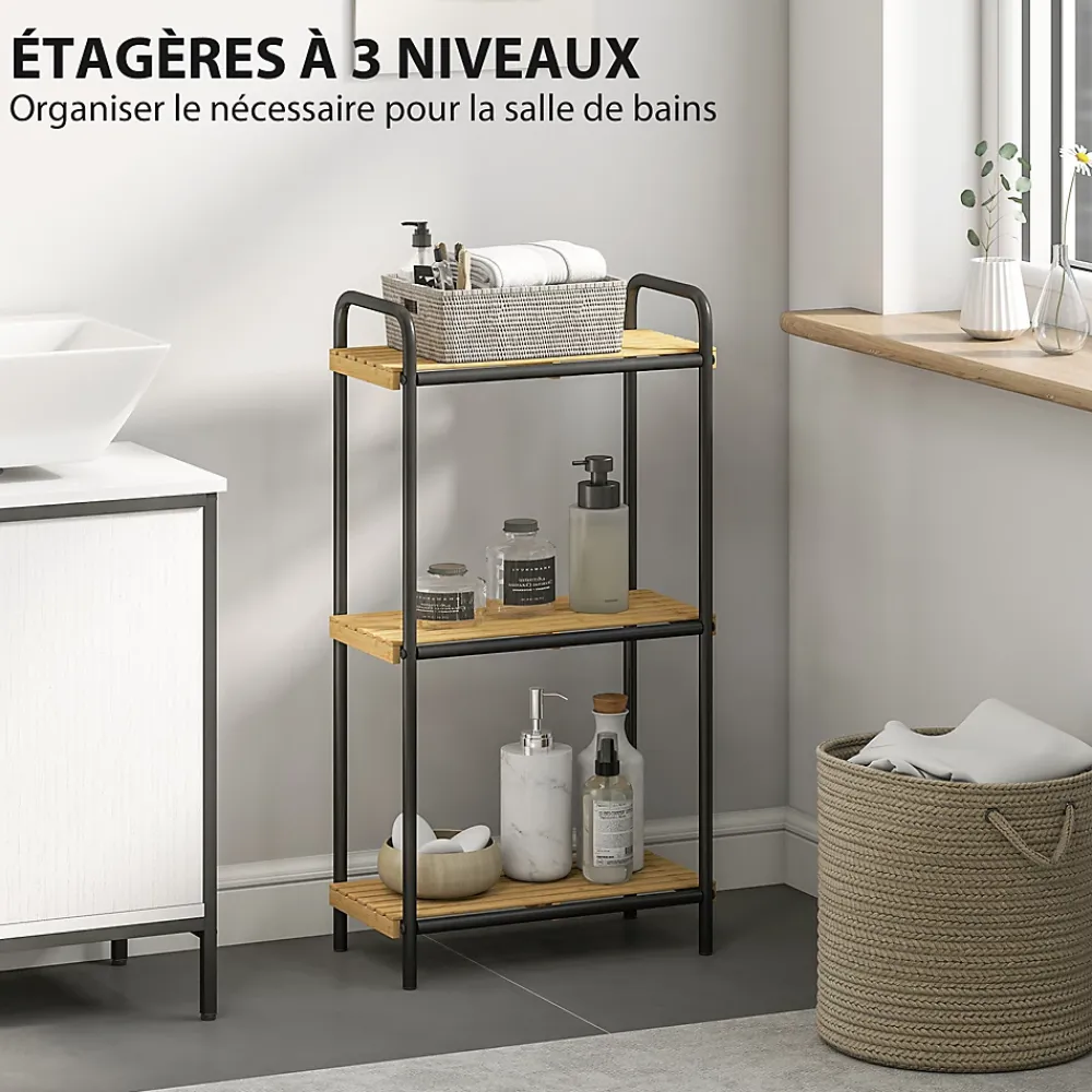 Homcom Étagère salle de bain bambou verni 3 niveaux autoportante cadre acier noir