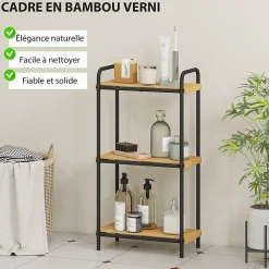 Homcom Étagère salle de bain bambou verni 3 niveaux autoportante cadre acier noir