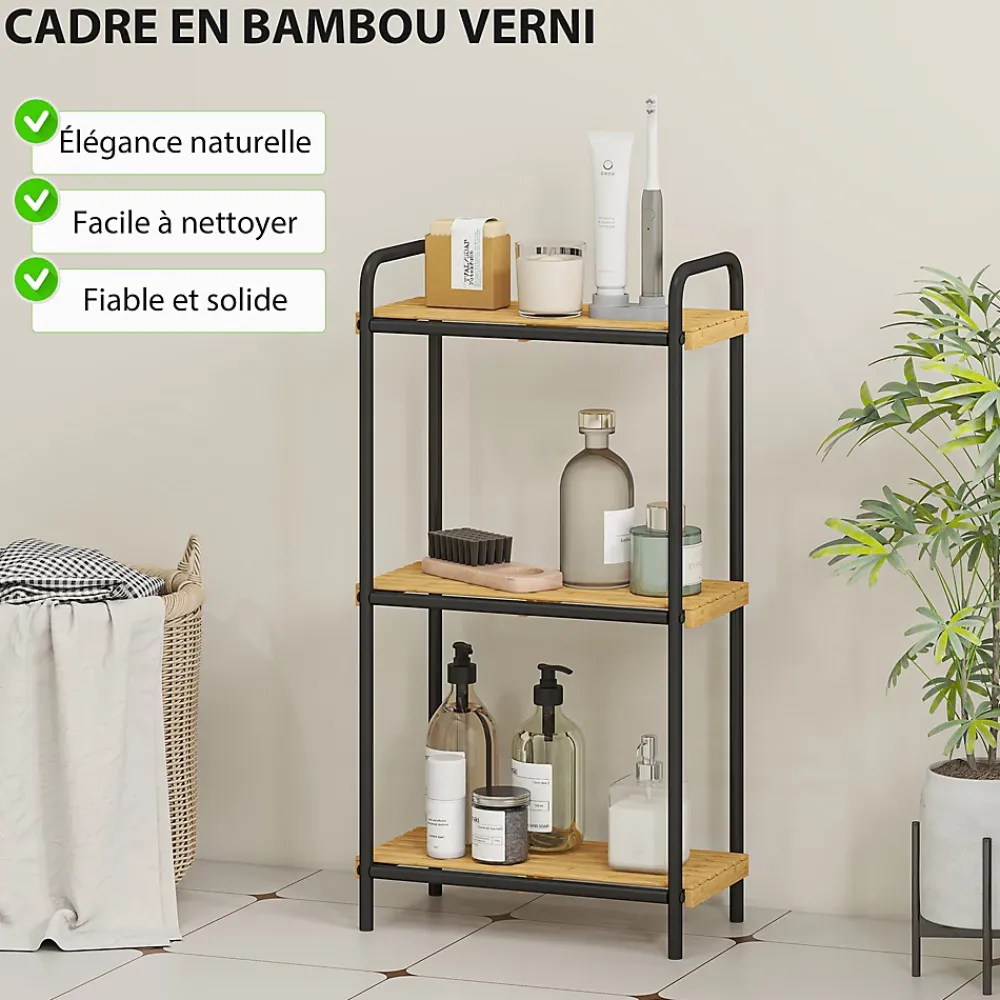 Homcom Étagère salle de bain bambou verni 3 niveaux autoportante cadre acier noir